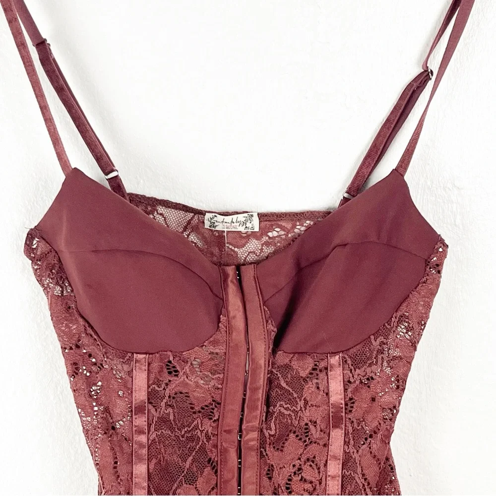 INTIMATELY FREE PEOPLE Double Dare Chocolate Lace Corset Thong Bodysuit Size XS